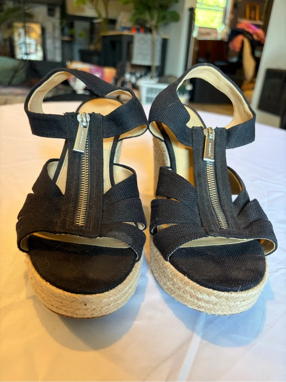 Michael Kors Black Espadrille Wedge Sandals with Front Zip